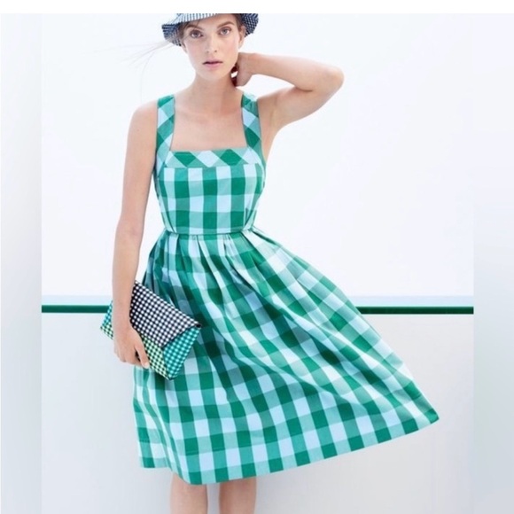 J. Crew Karina Gingham Midi Dress Green Blue Check Square Neckline Size 4 50s - Picture 2 of 11
